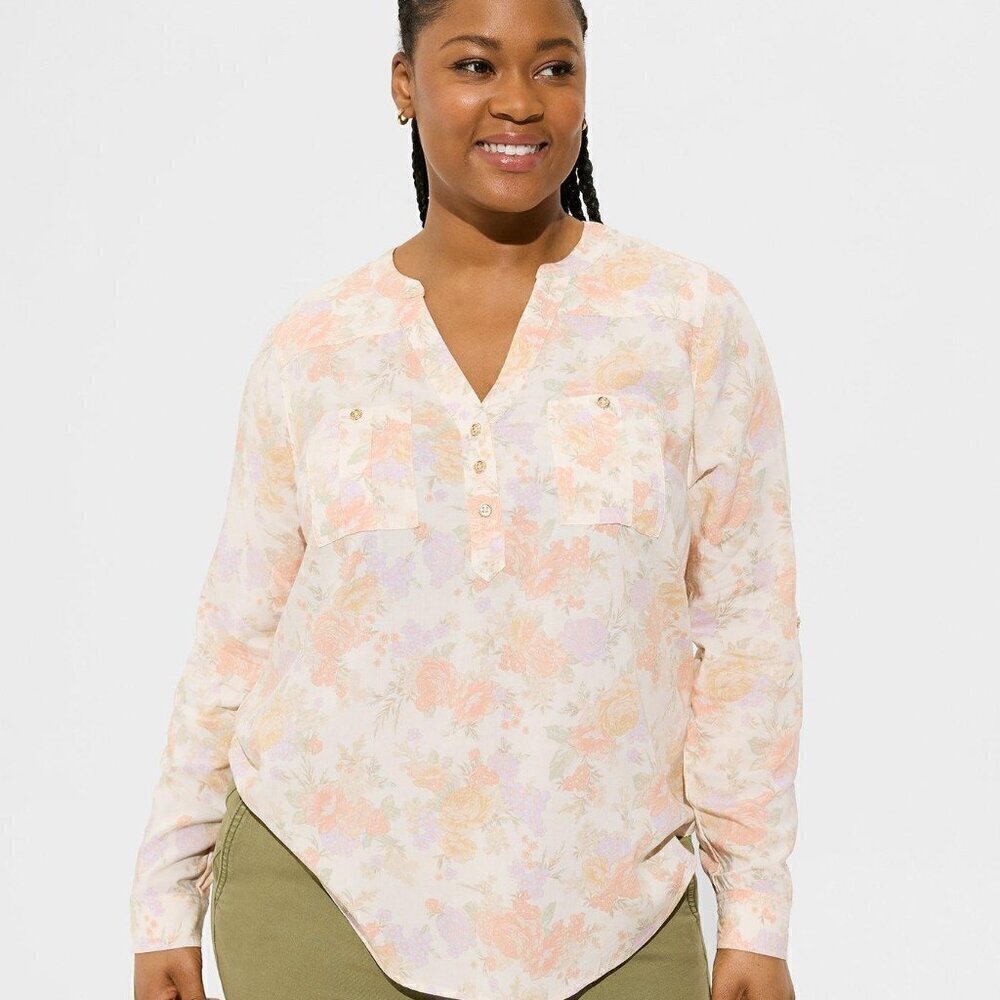 Torrid - Harper Challis Long Sleeve Blouse in Lush floral dew​​​​​​​​​